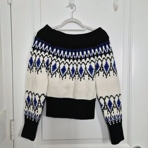 Alexander McQueen Black, White, and Blue Off-Shoulder Sweater